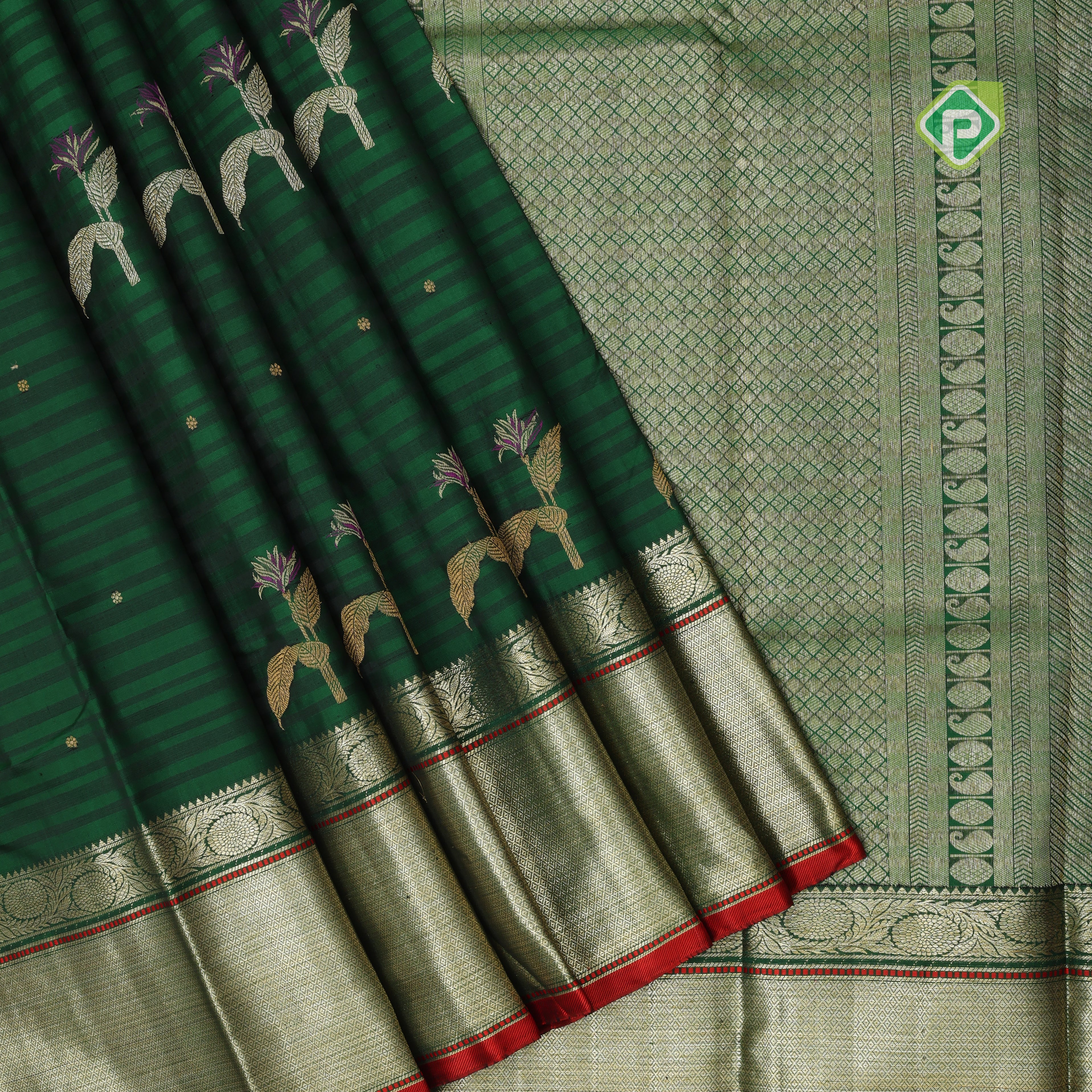Dark green dual shade lines gold zari leaf meena work butta self gold zari red edge border signature traditional silk saree