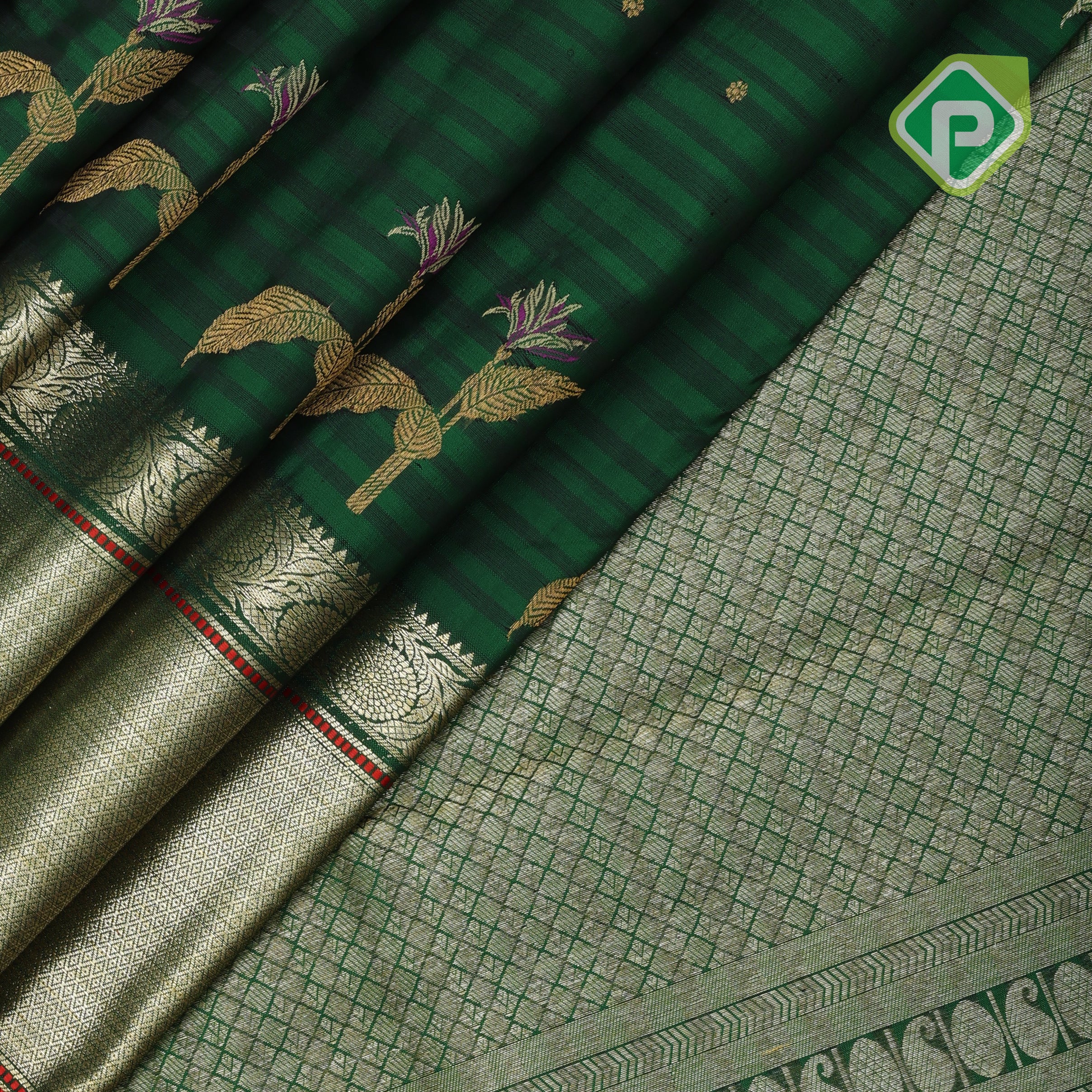 Dark green dual shade lines gold zari leaf meena work butta self gold zari red edge border signature traditional silk saree