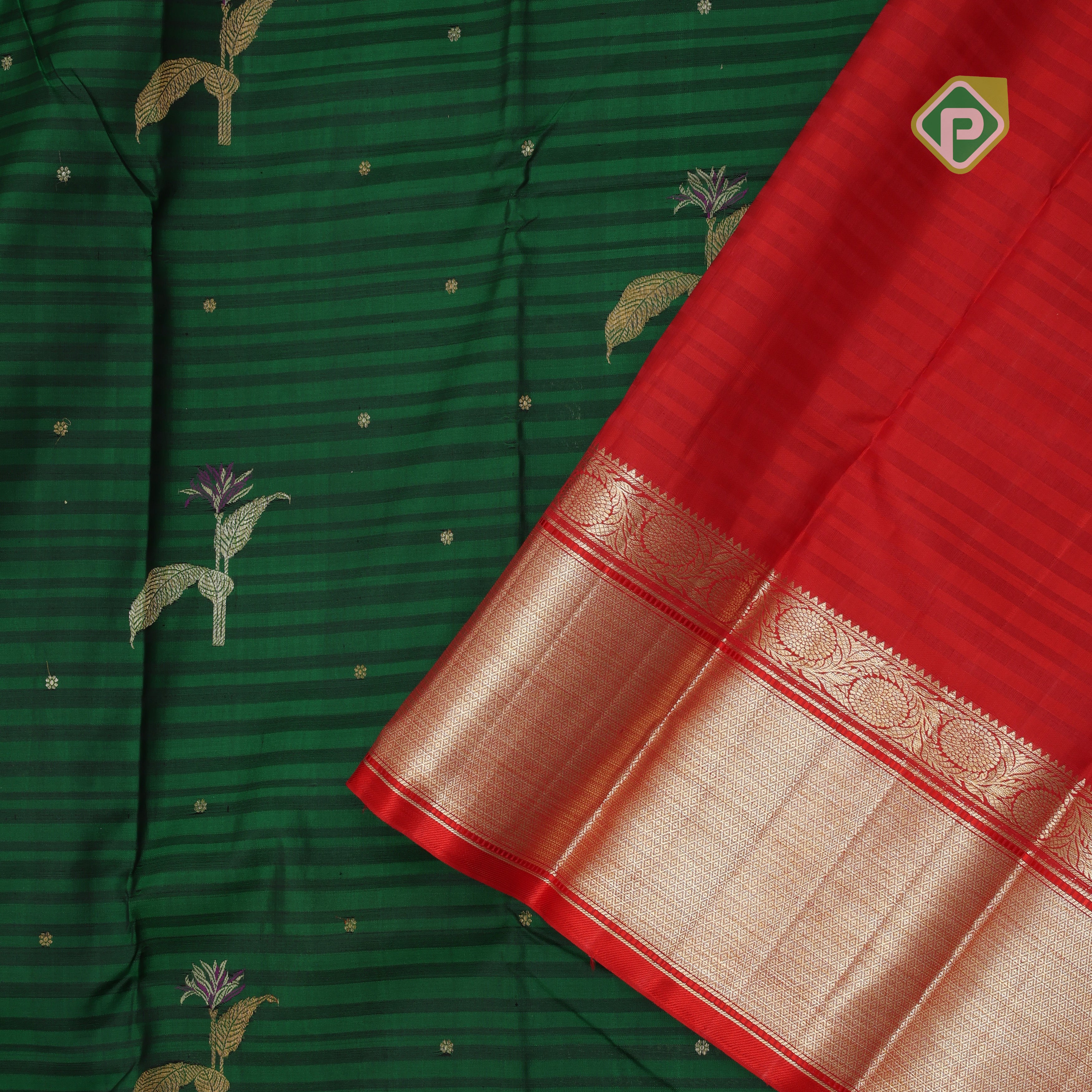 Dark green dual shade lines gold zari leaf meena work butta self gold zari red edge border signature traditional silk saree