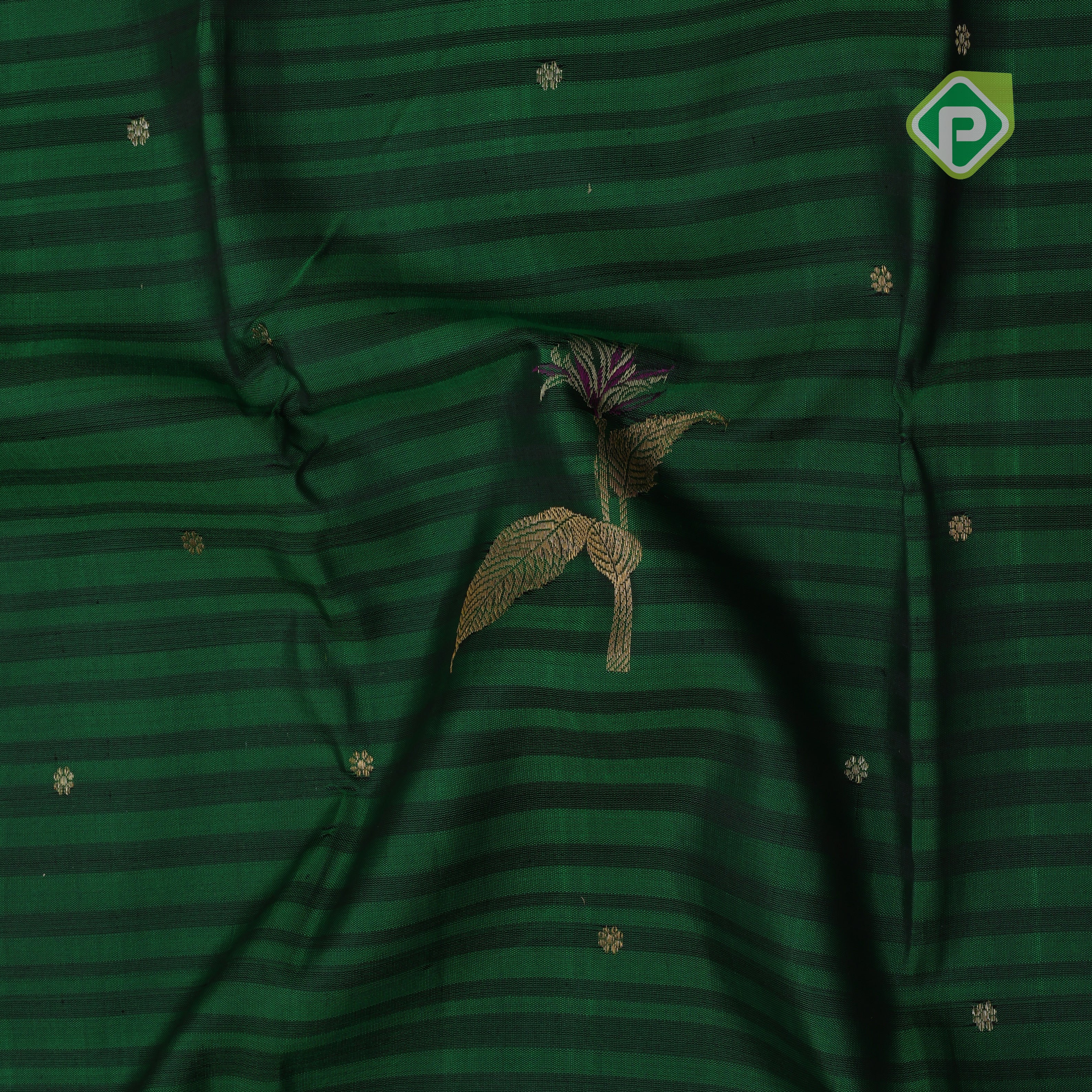 Dark green dual shade lines gold zari leaf meena work butta self gold zari red edge border signature traditional silk saree