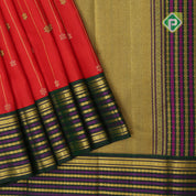Red gold zari meena work flower beads drops design green rudraksham velthari lines border vintage collection traditional silk saree
