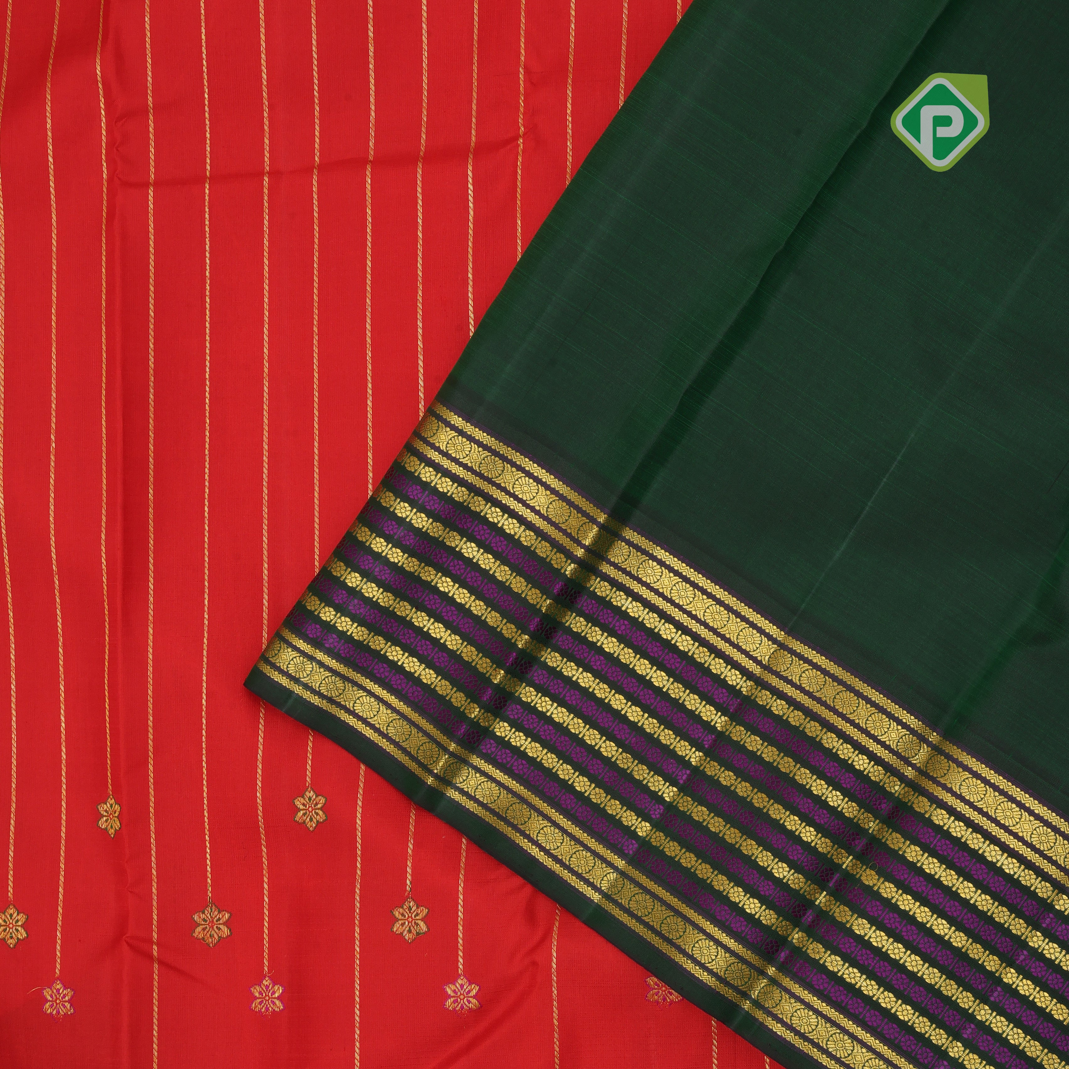 Red gold zari meena work flower beads drops design green rudraksham velthari lines border vintage collection traditional silk saree