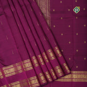 Purple gold zari rain drops butta design self gold zari peacock rettapet border traditional silk saree