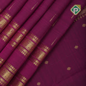Purple gold zari rain drops butta design self gold zari peacock rettapet border traditional silk saree