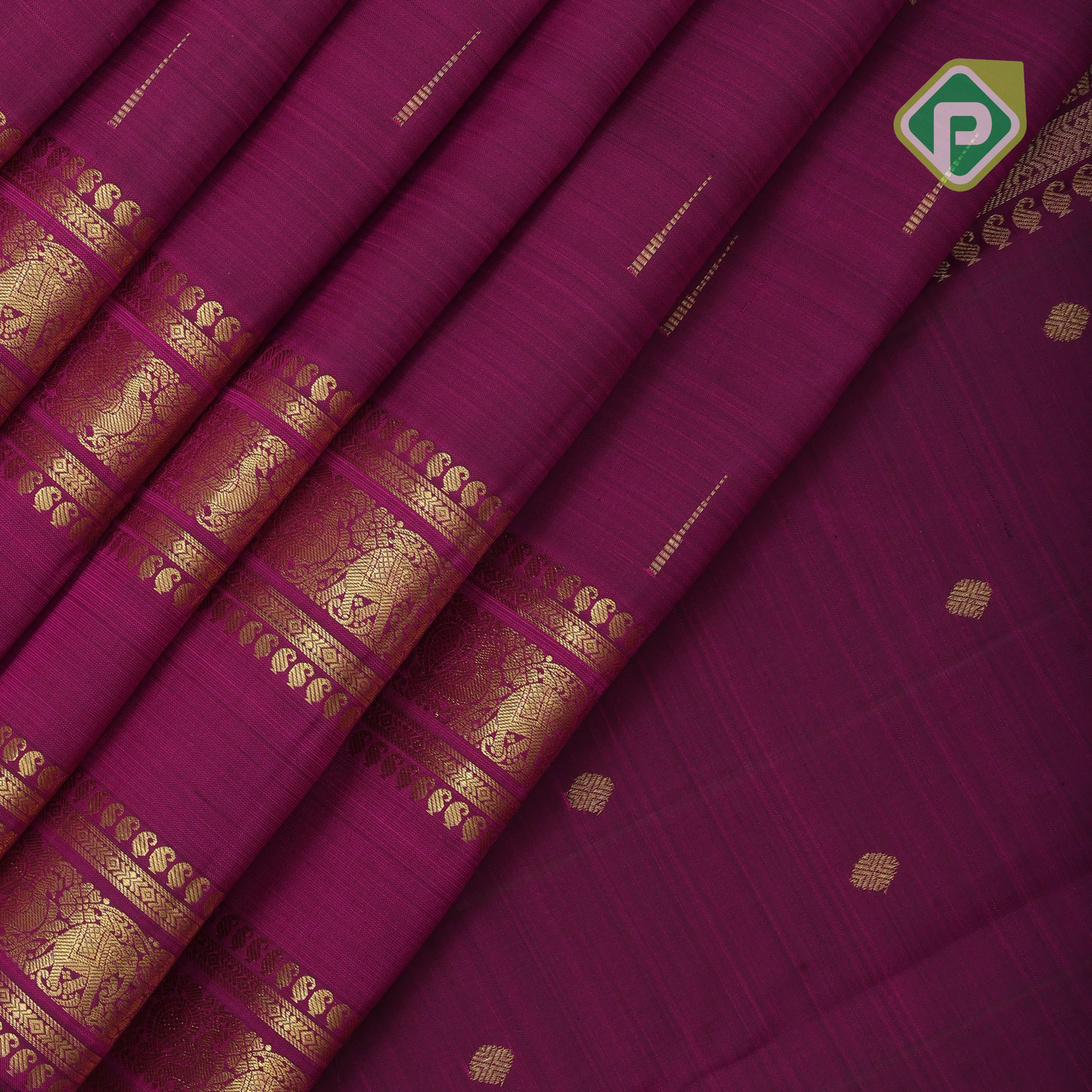 Purple gold zari rain drops butta design self gold zari peacock rettapet border traditional silk saree