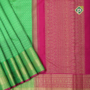 Leaf green full thread work flower checked self gold zari Arch pink edge border bridal silk saree