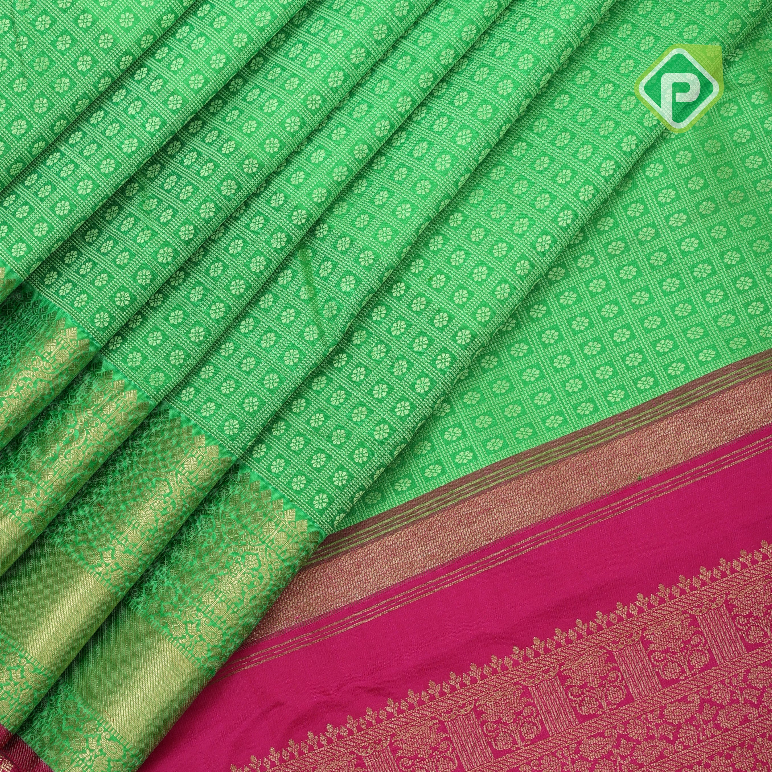 Leaf green full thread work flower checked self gold zari Arch pink edge border bridal silk saree