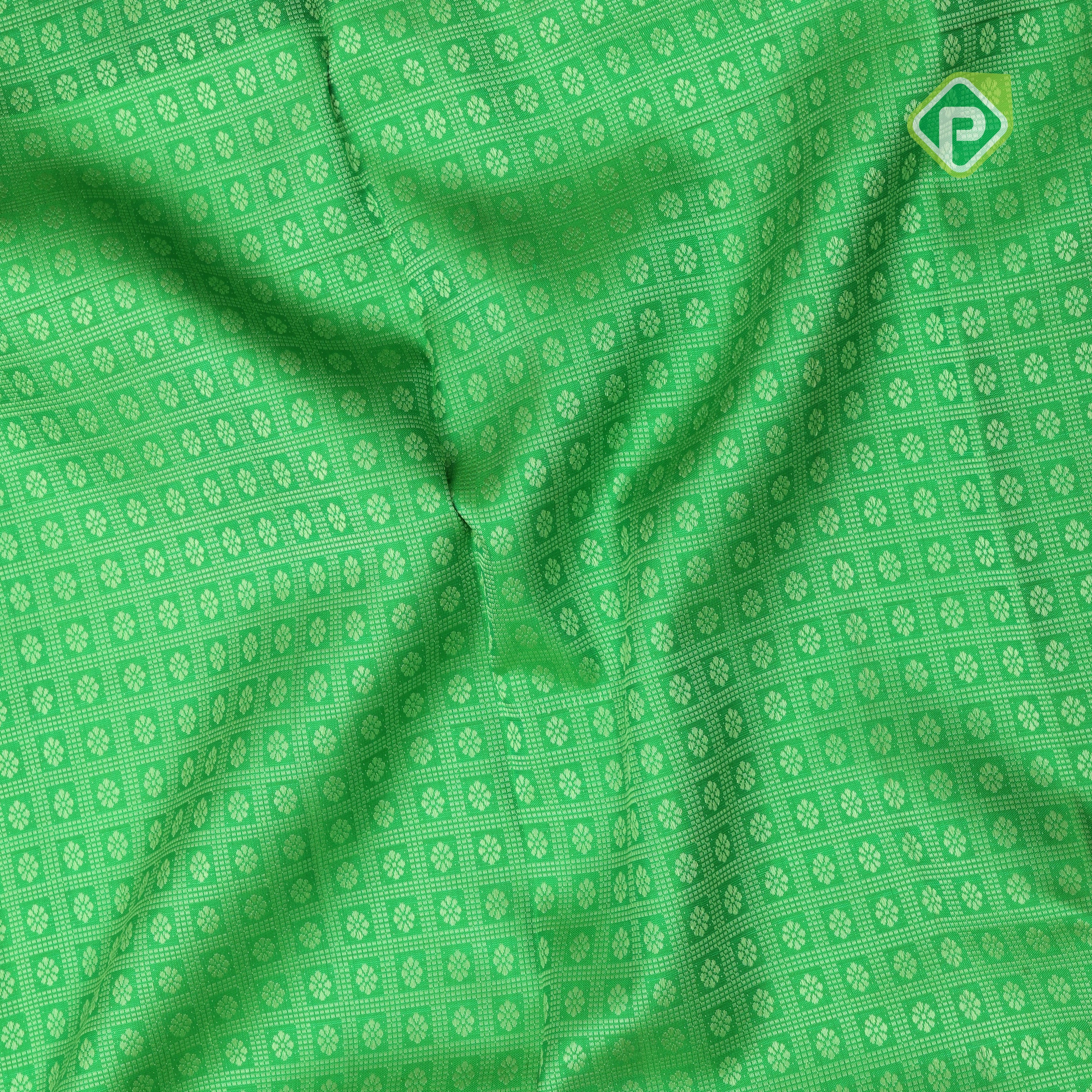 Leaf green full thread work flower checked self gold zari Arch pink edge border bridal silk saree