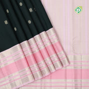Olive green gold zari peacock chakkaram butta peach pink gold zari thread lines retro traditional silk saree