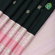 Olive green gold zari peacock chakkaram butta peach pink gold zari thread lines retro traditional silk saree