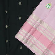 Olive green gold zari peacock chakkaram butta peach pink gold zari thread lines retro traditional silk saree