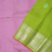 pale pink silver gold zari fancy mango butta parrot green dual zari orange edge border traditional silk saree