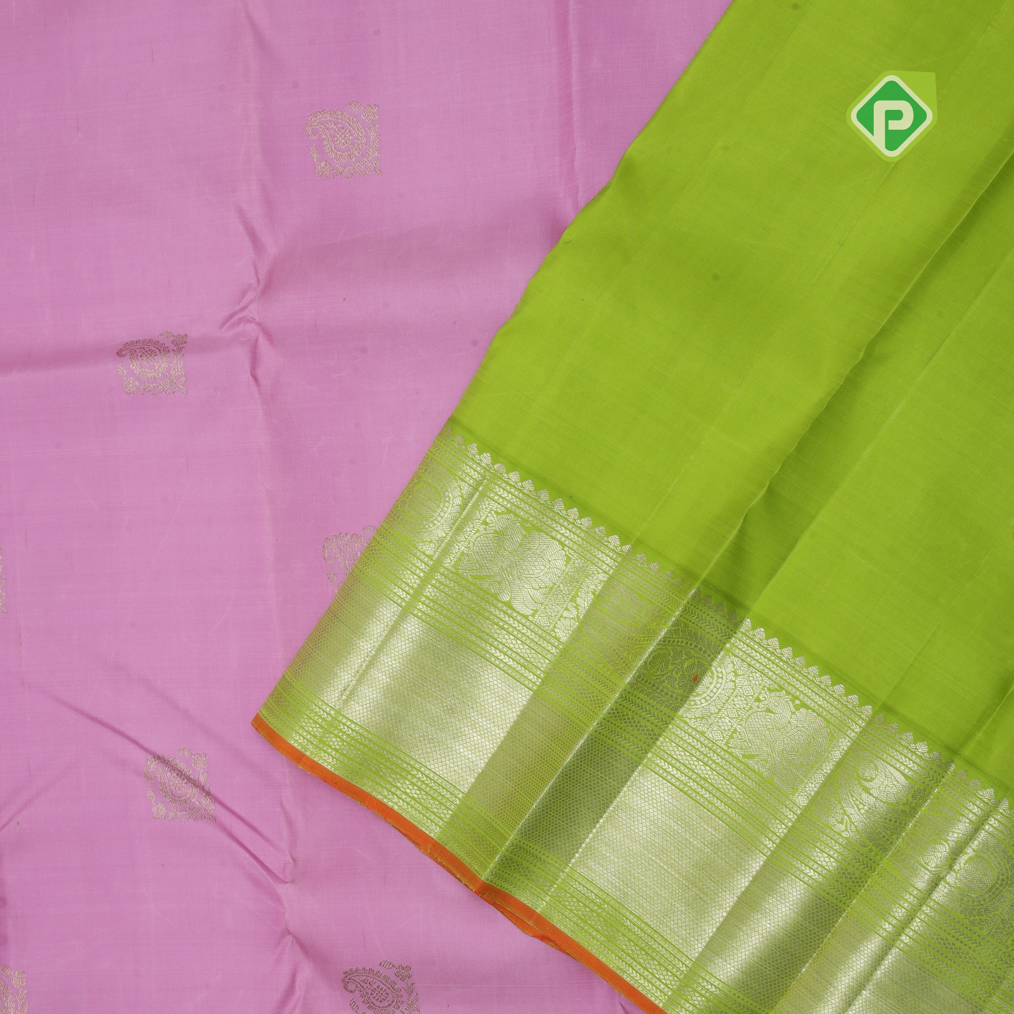 pale pink silver gold zari fancy mango butta parrot green dual zari orange edge border traditional silk saree