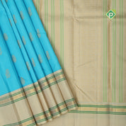 Sky blue gold zari double bird thilagam butta creamy sandal gold zari meena work border retro traditional silk saree