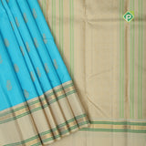 Sky blue gold zari double bird thilagam butta creamy sandal gold zari meena work border retro traditional silk saree