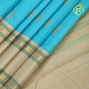 Sky blue gold zari double bird thilagam butta creamy sandal gold zari meena work border retro traditional silk saree