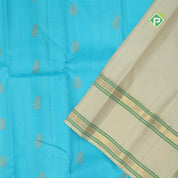 Sky blue gold zari double bird thilagam butta creamy sandal gold zari meena work border retro traditional silk saree