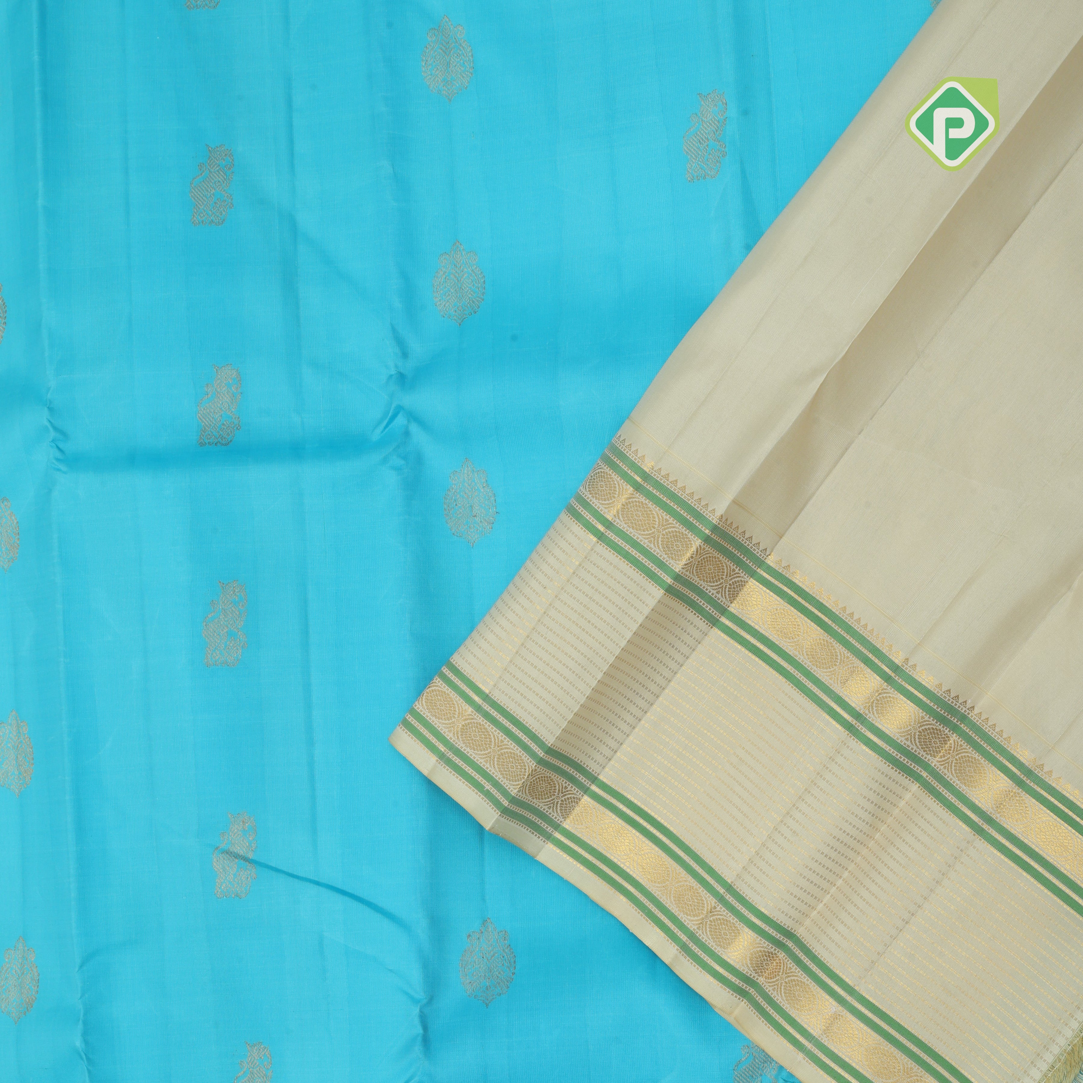 Sky blue gold zari double bird thilagam butta creamy sandal gold zari meena work border retro traditional silk saree