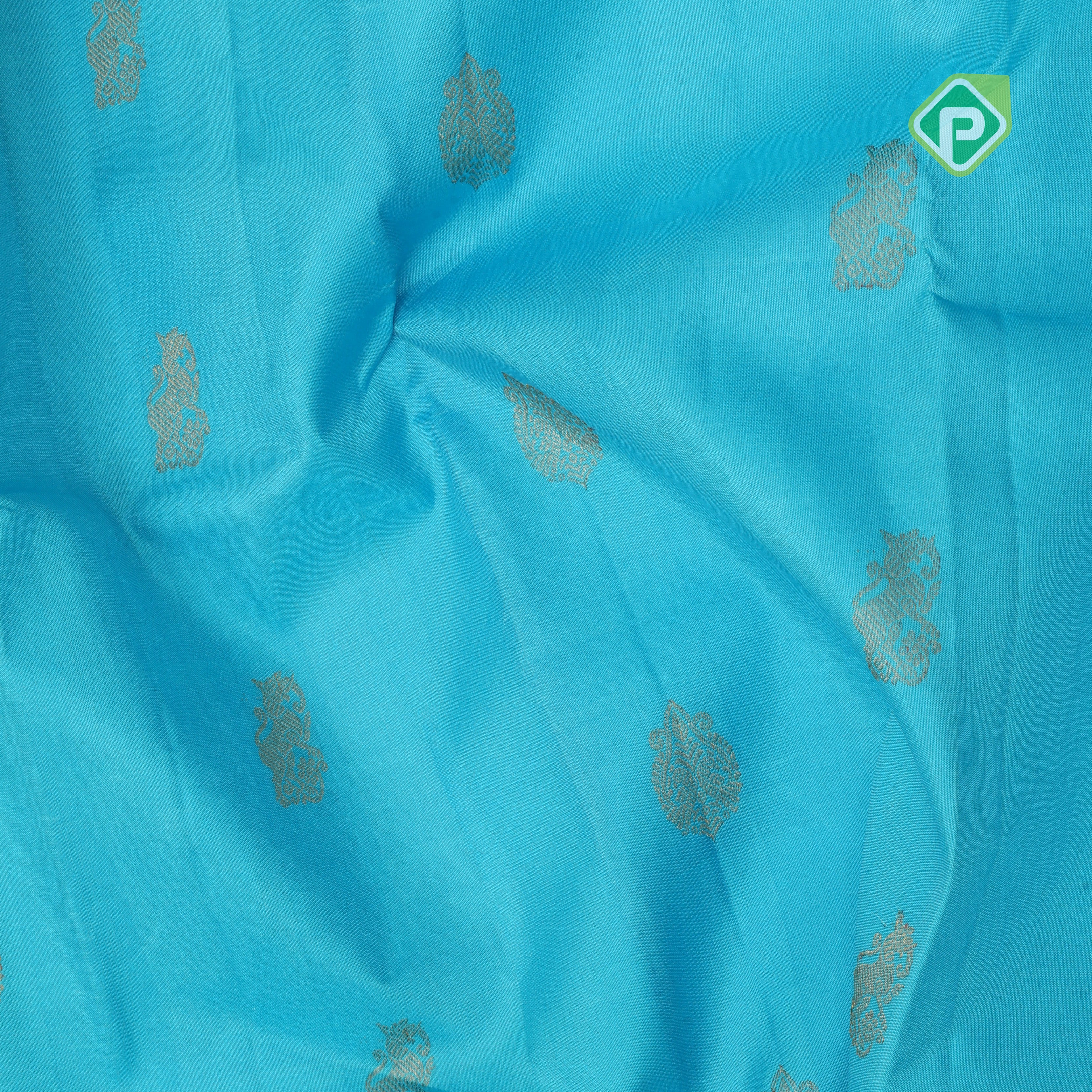 Sky blue gold zari double bird thilagam butta creamy sandal gold zari meena work border retro traditional silk saree