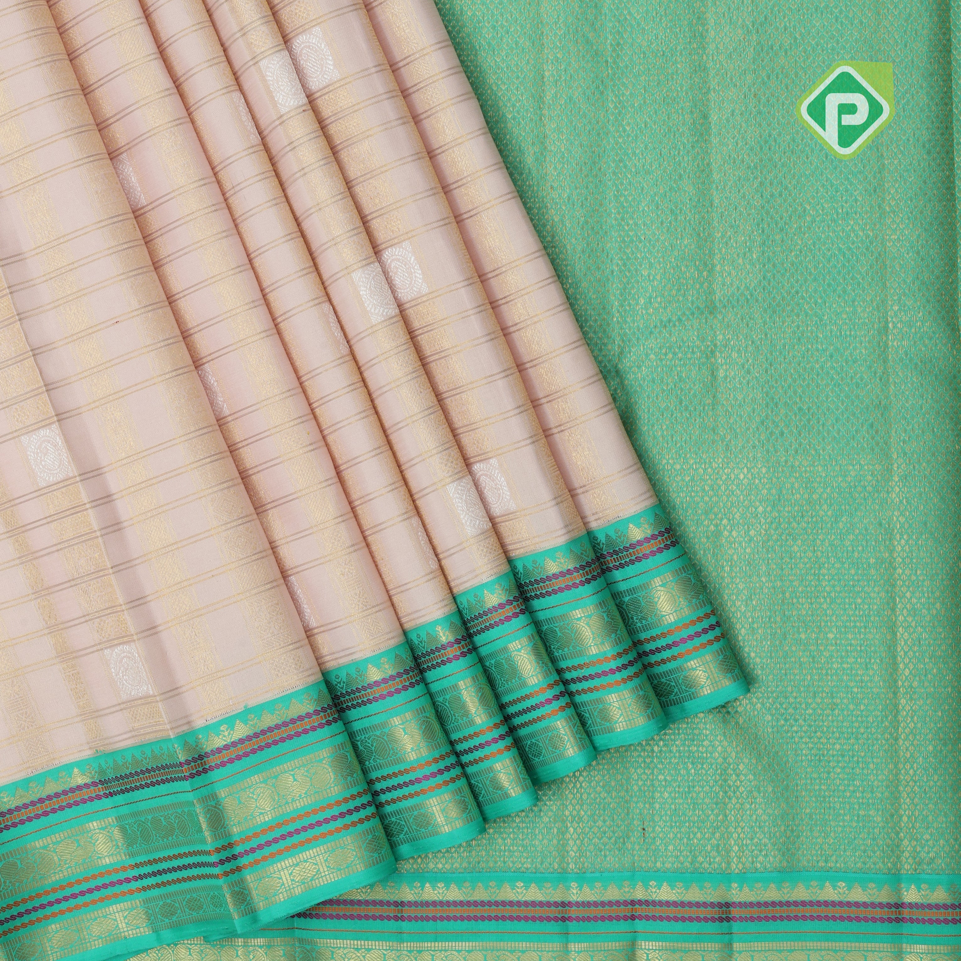 Peach pink silver gold zari designed checks design contrast rexona green zari thread lines border bridal silk saree