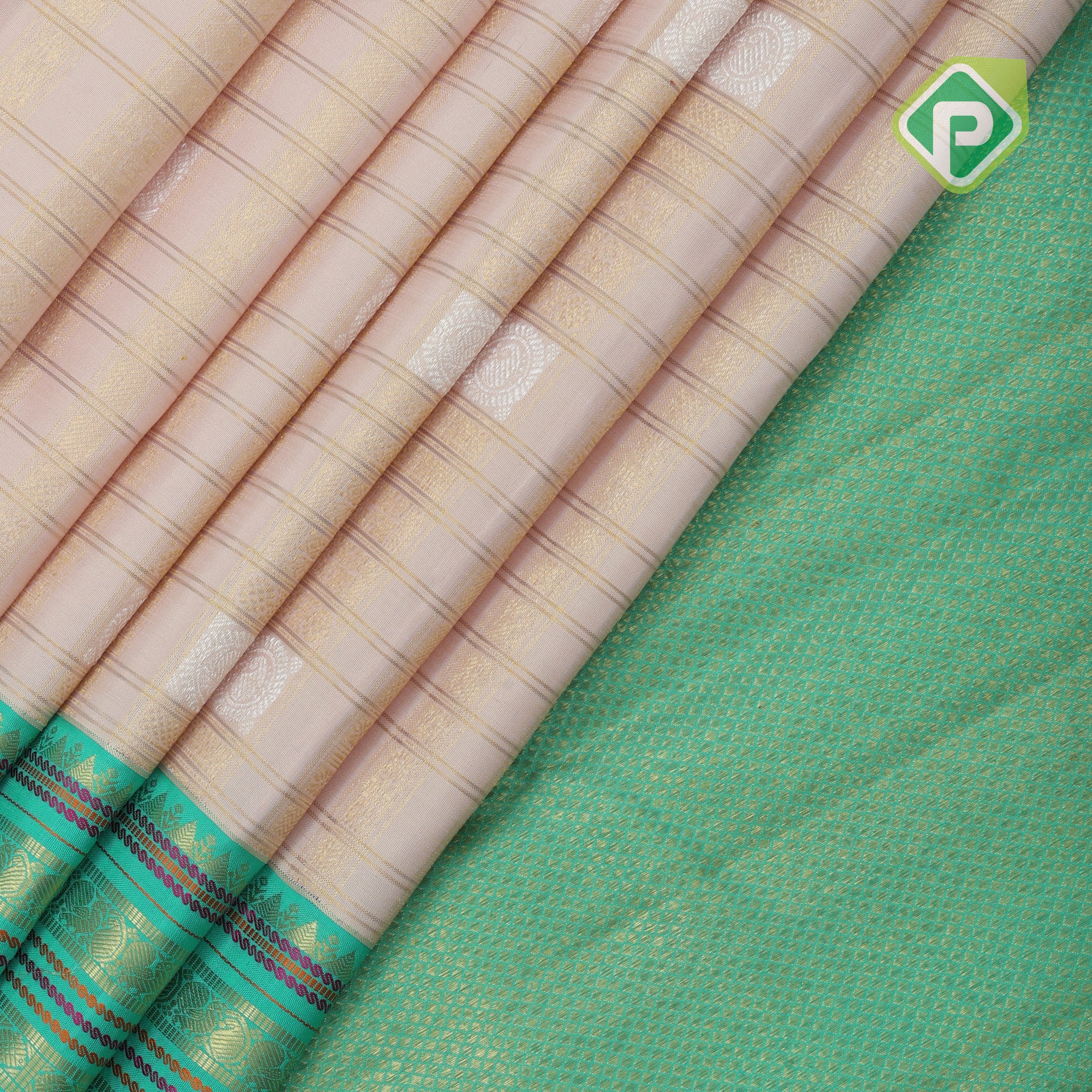 Peach pink silver gold zari designed checks design contrast rexona green zari thread lines border bridal silk saree