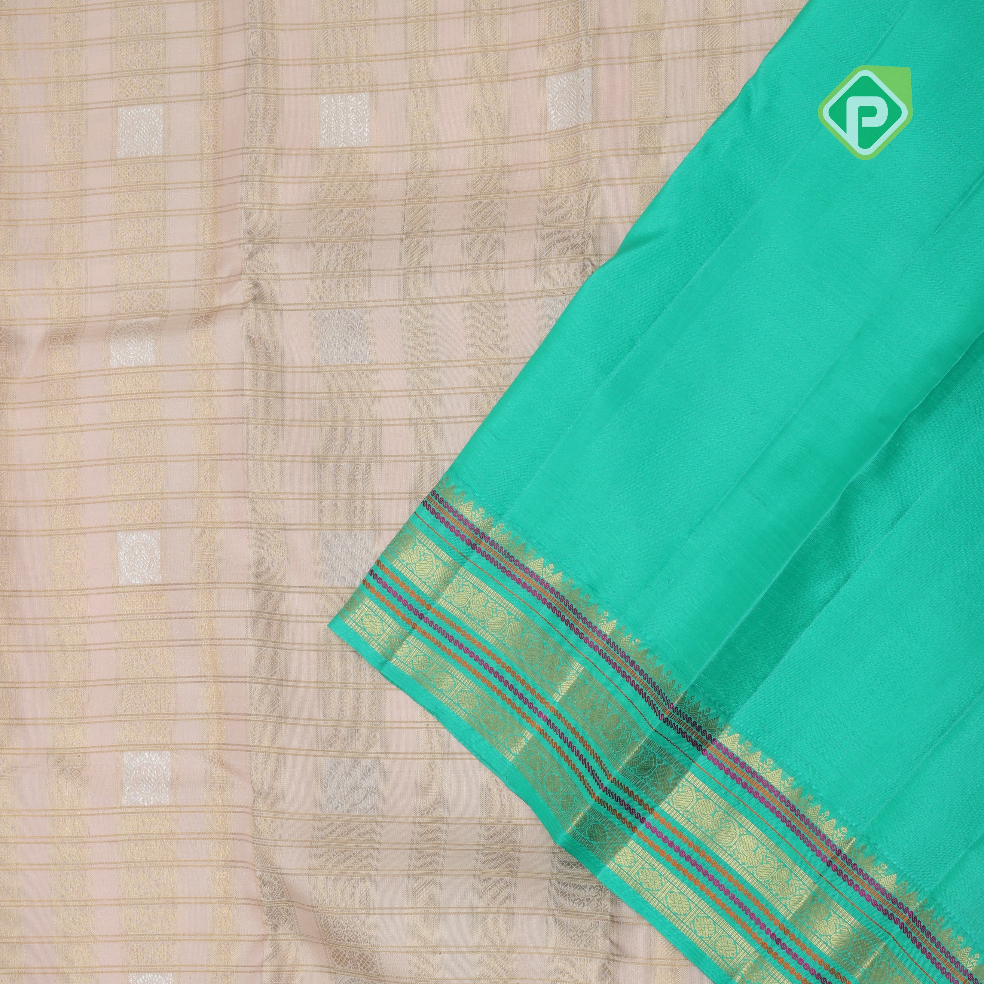 Peach pink silver gold zari designed checks design contrast rexona green zari thread lines border bridal silk saree