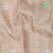 Peach pink silver gold zari designed checks design contrast rexona green zari thread lines border bridal silk saree