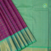 purple gold zari bars and blue silk thread self designed checks green gold zari zig zag border traditional silk saree