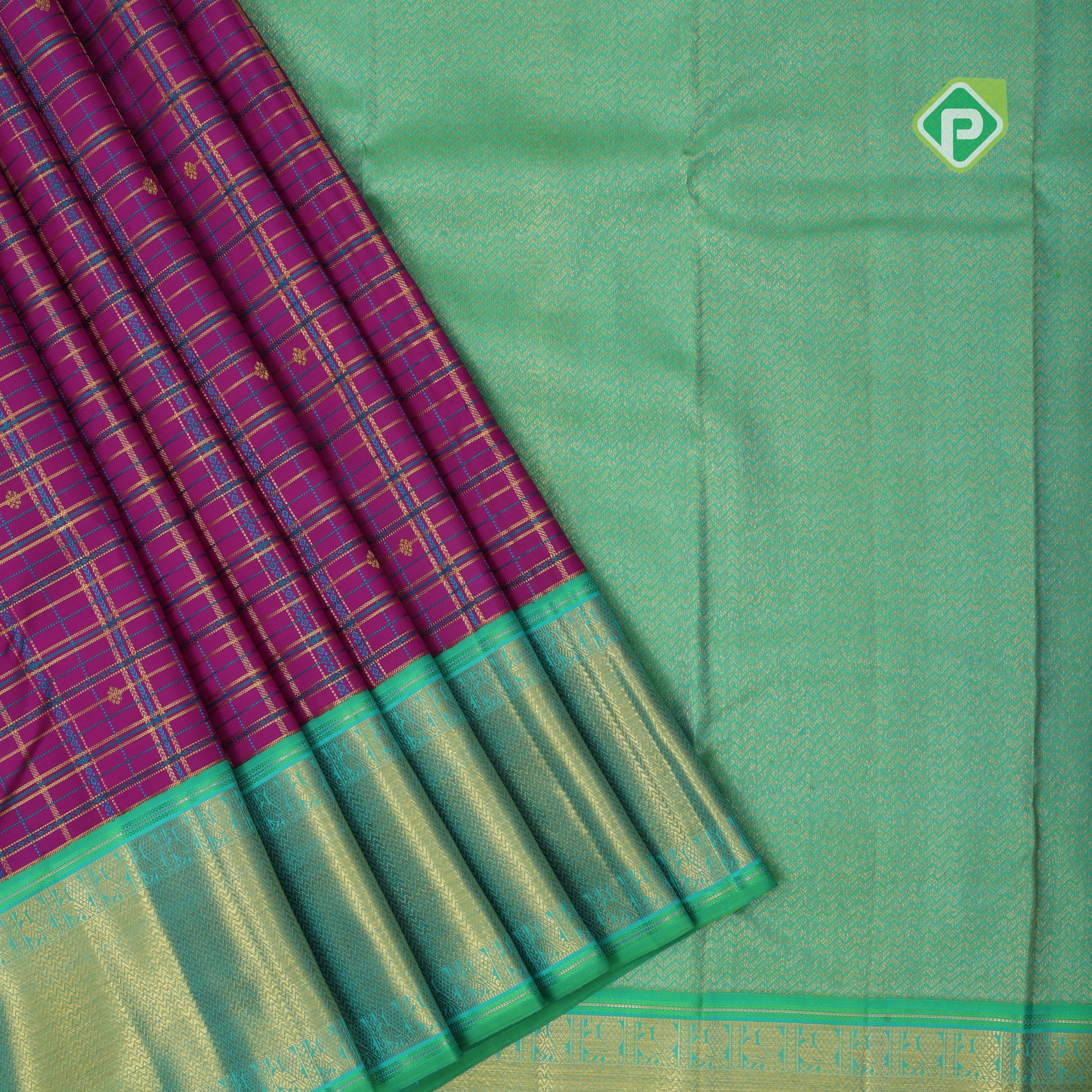 purple gold zari bars and blue silk thread self designed checks green gold zari zig zag border traditional silk saree