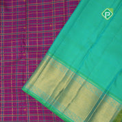 purple gold zari bars and blue silk thread self designed checks green gold zari zig zag border traditional silk saree