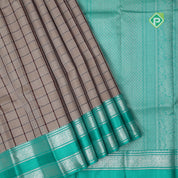 Wood beige purple checked window panel rama green silver zari double line gap border traditional silk saree