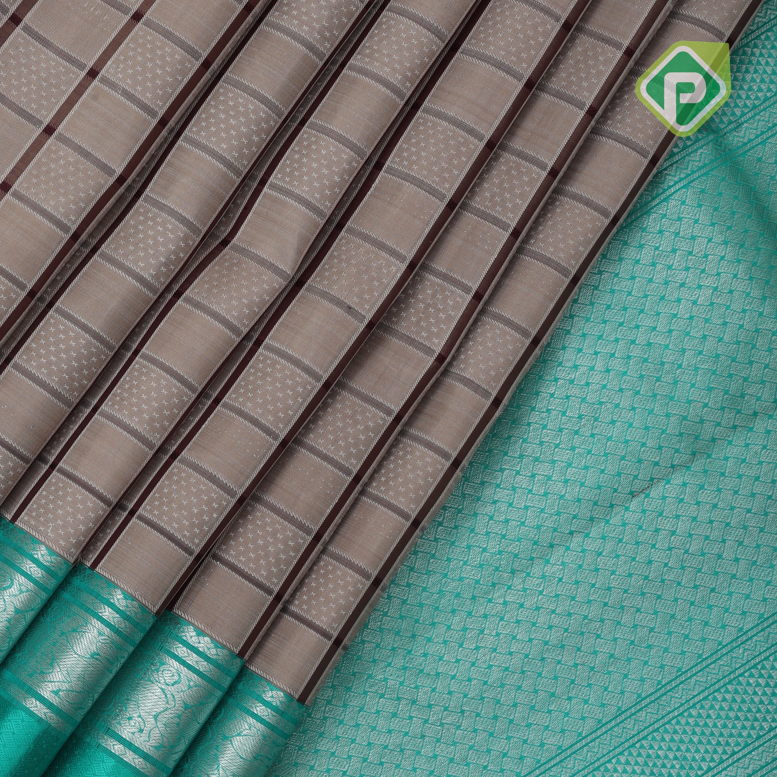 Wood beige purple checked window panel rama green silver zari double line gap border traditional silk saree