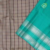 Wood beige purple checked window panel rama green silver zari double line gap border traditional silk saree