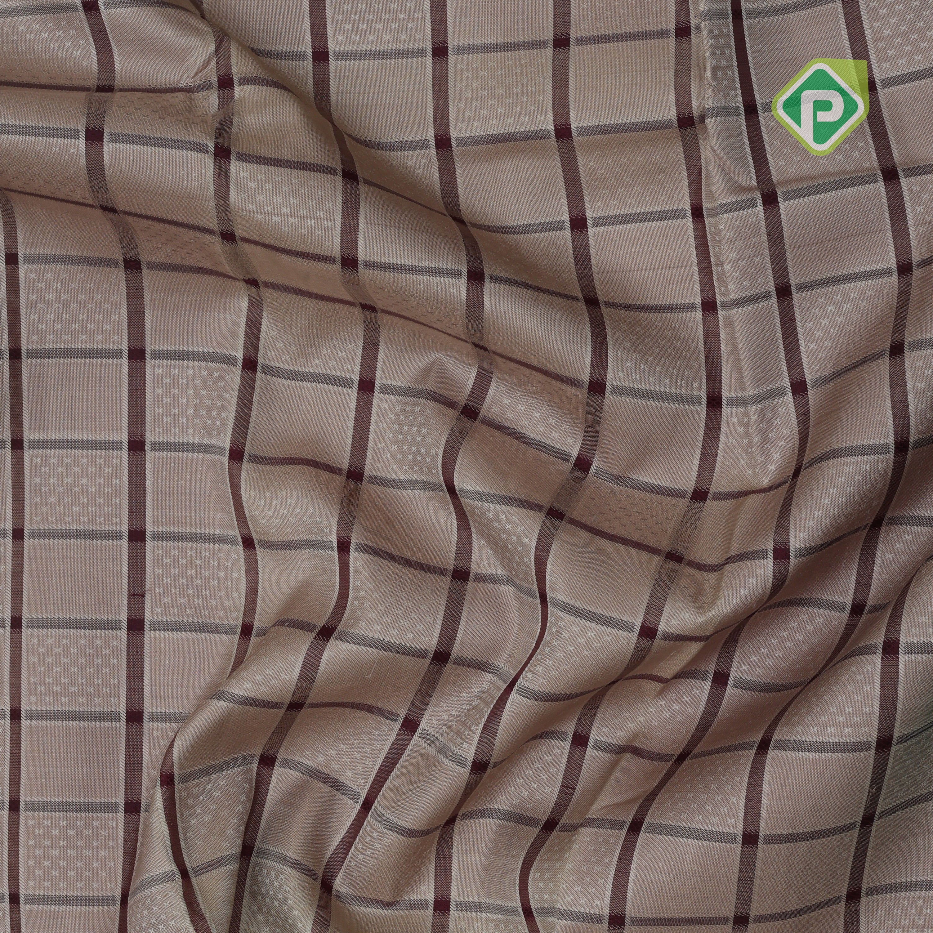 Wood beige purple checked window panel rama green silver zari double line gap border traditional silk saree