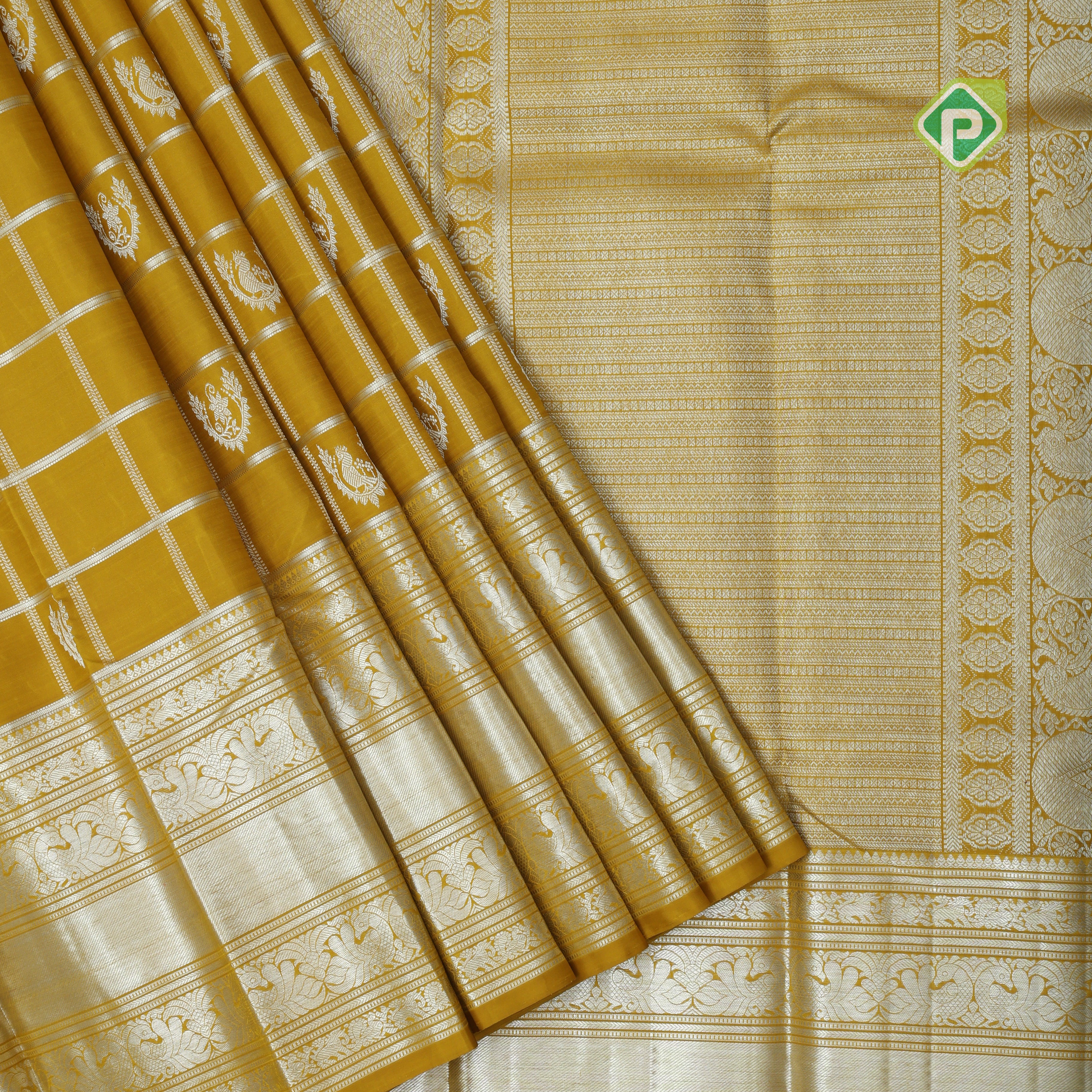 Lemon yellow silver zari checked window mid butta self zari peacock lines border traditional silk saree