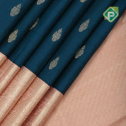 Yale blue gold zari thilagam buds butta contrast peach gold zari pigeon butta lines border vintage traditional silk saree