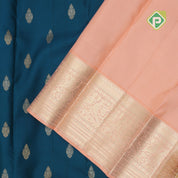 Yale blue gold zari thilagam buds butta contrast peach gold zari pigeon butta lines border vintage traditional silk saree