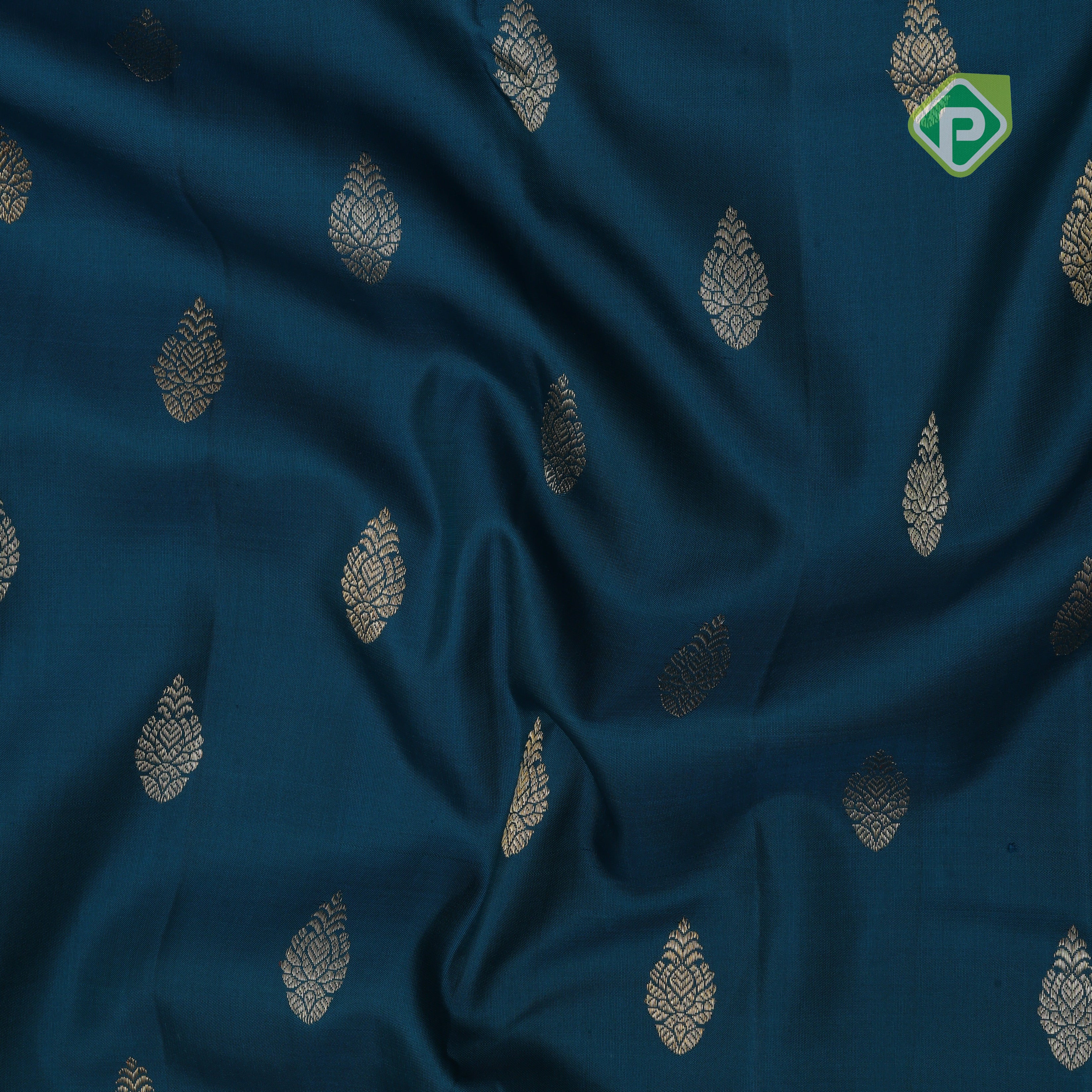 Yale blue gold zari thilagam buds butta contrast peach gold zari pigeon butta lines border vintage traditional silk saree