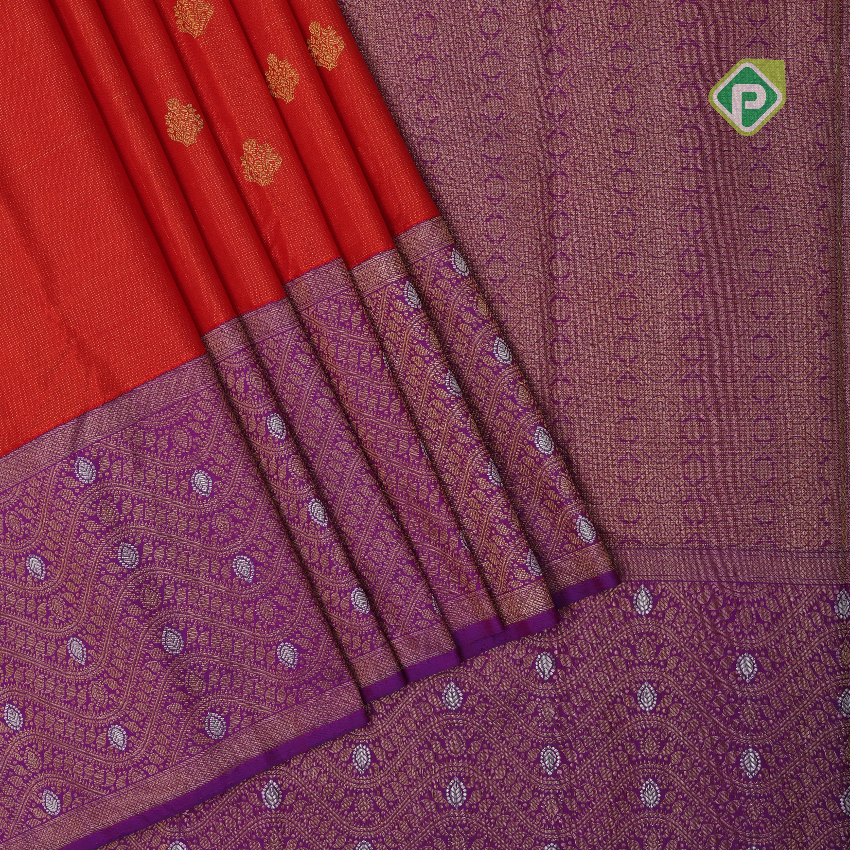 brick red mild vairaoosi tissue gold zari butta purple silver gold zari waves border trendy designer silk saree