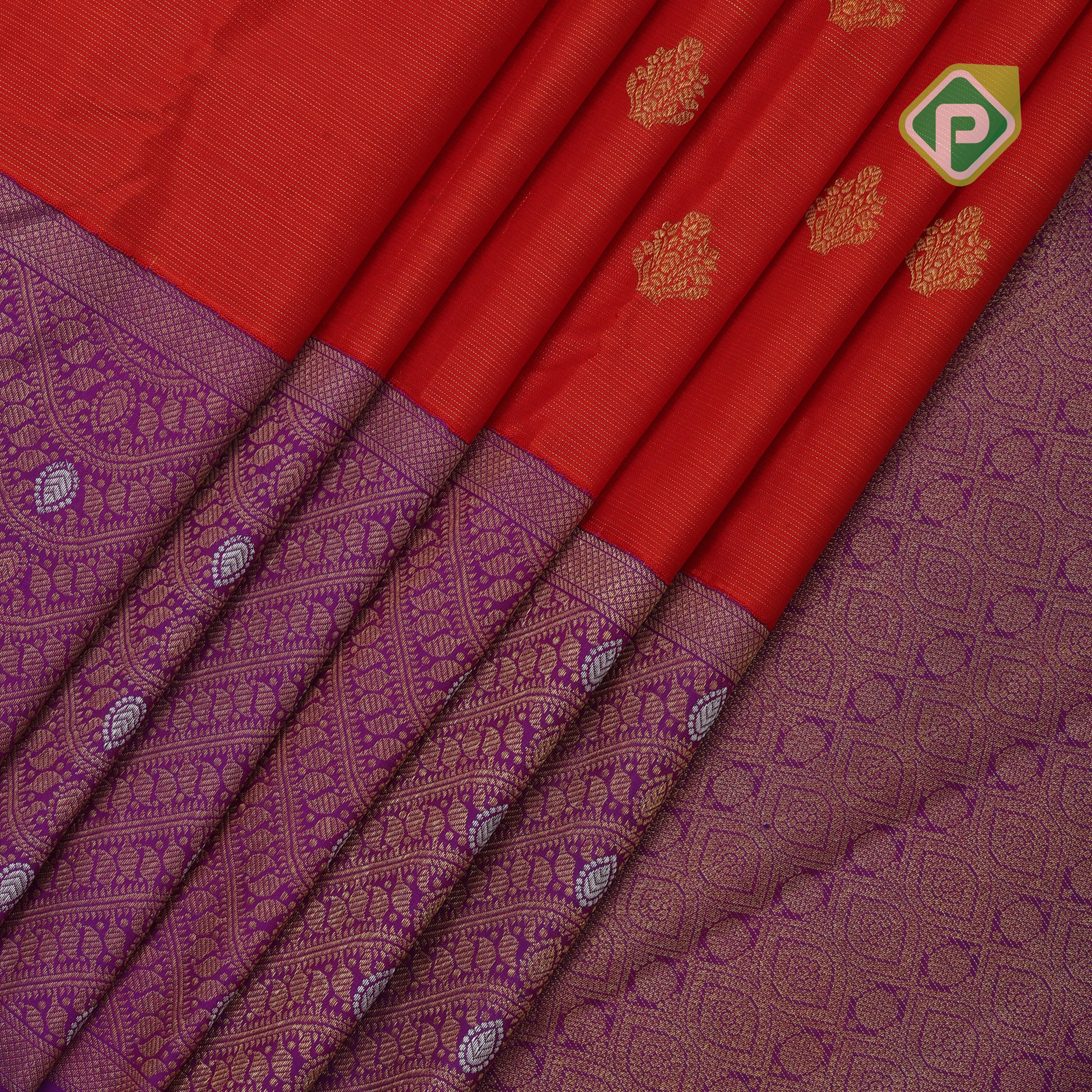 brick red mild vairaoosi tissue gold zari butta purple silver gold zari waves border trendy designer silk saree