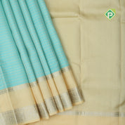 Sky blue cream lines design cream silver zari rettapet border traditional silk saree