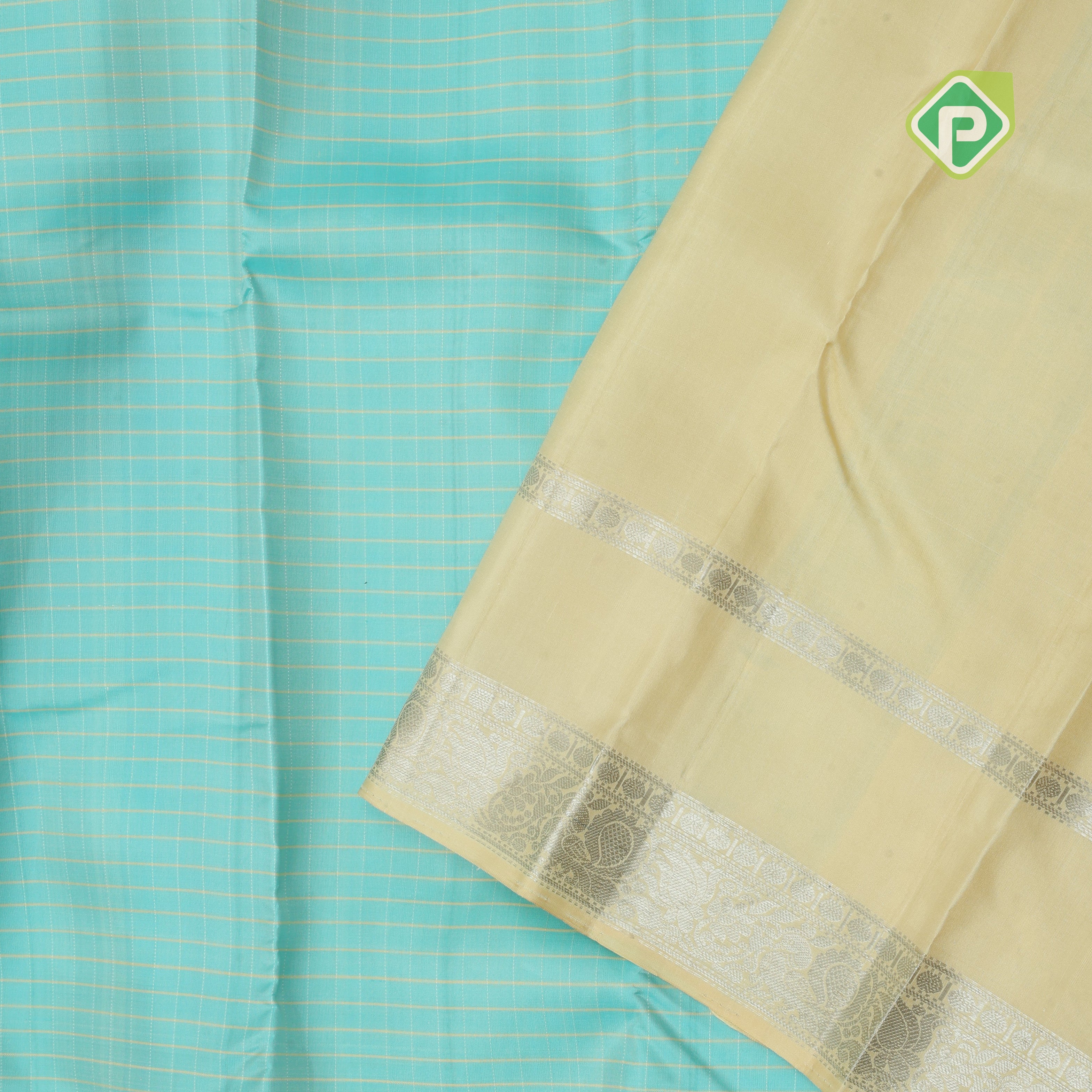 Sky blue cream lines design cream silver zari rettapet border traditional silk saree