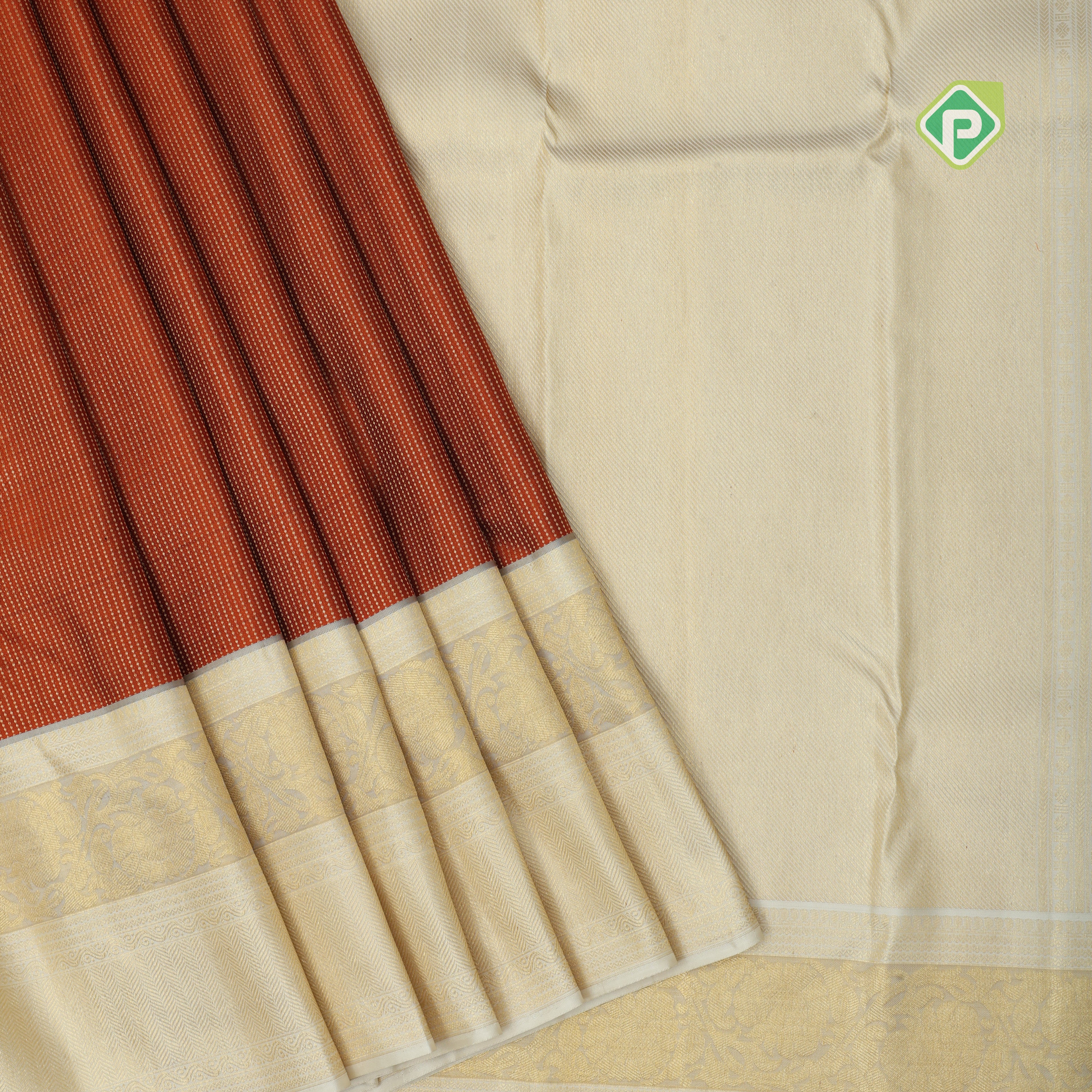 Rust orange gold zari vairaoosi stripes creamy sandal gold zari rangoli floral lines border traditional silk saree