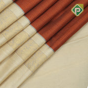 Rust orange gold zari vairaoosi stripes creamy sandal gold zari rangoli floral lines border traditional silk saree