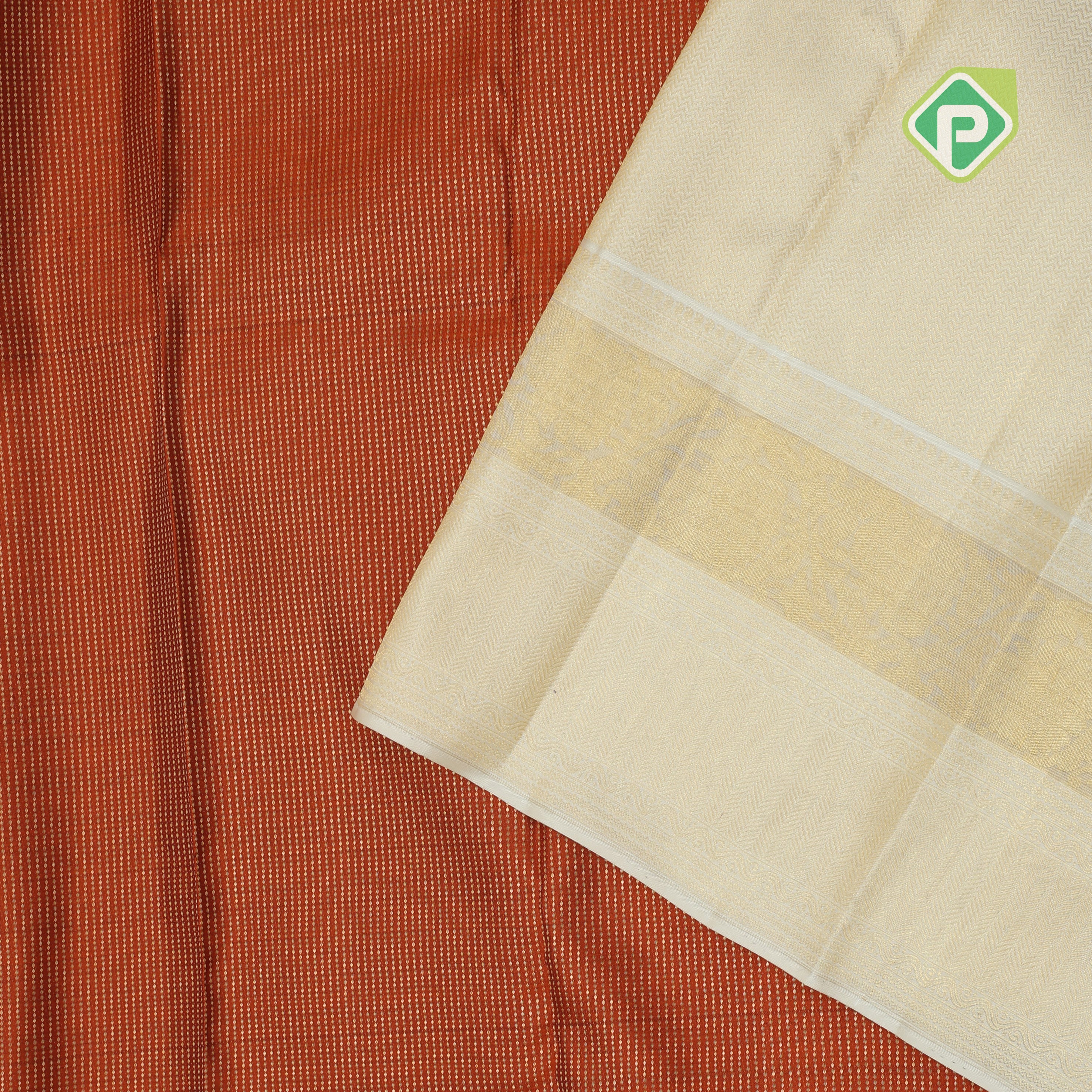 Rust orange gold zari vairaoosi stripes creamy sandal gold zari rangoli floral lines border traditional silk saree