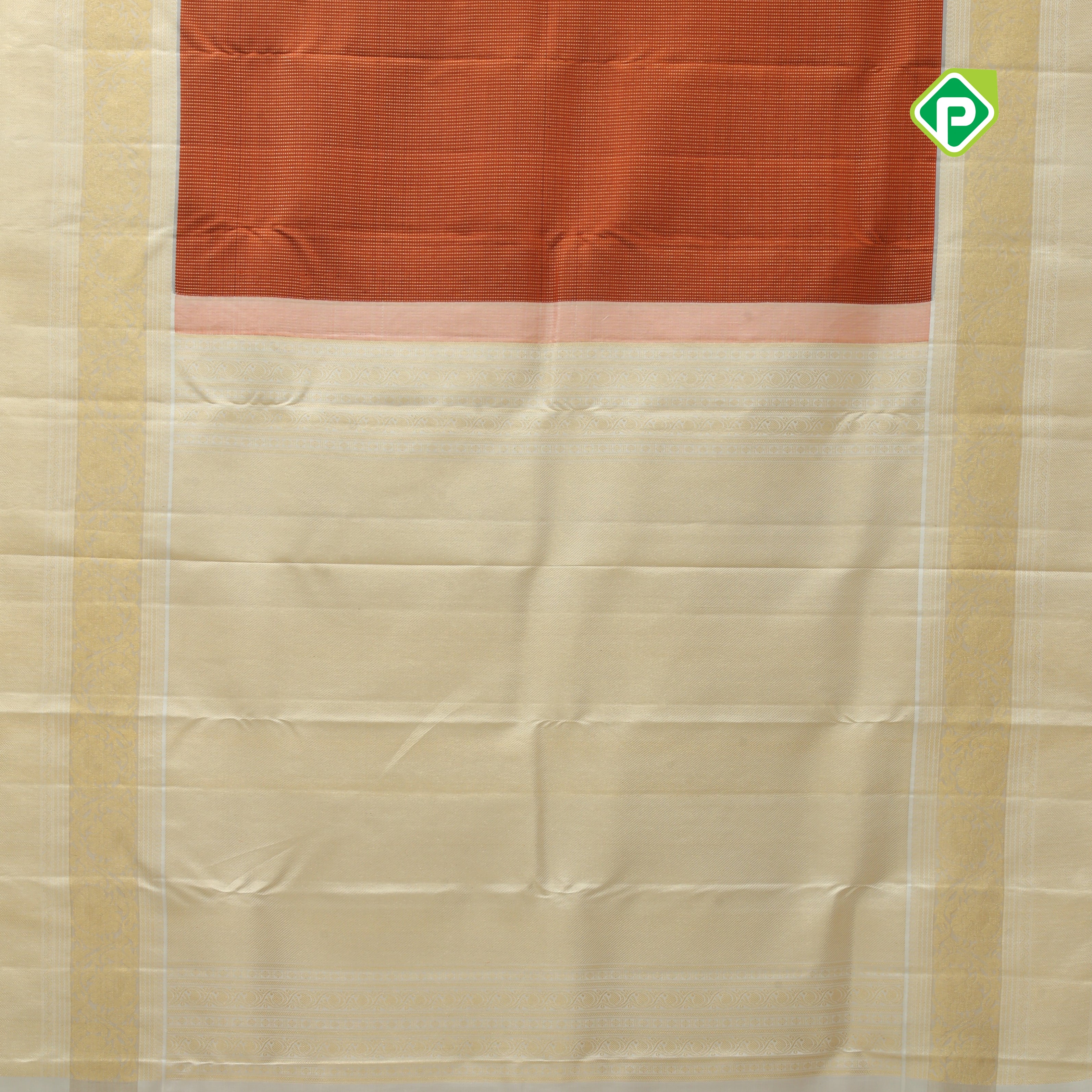 Rust orange gold zari vairaoosi stripes creamy sandal gold zari rangoli floral lines border traditional silk saree