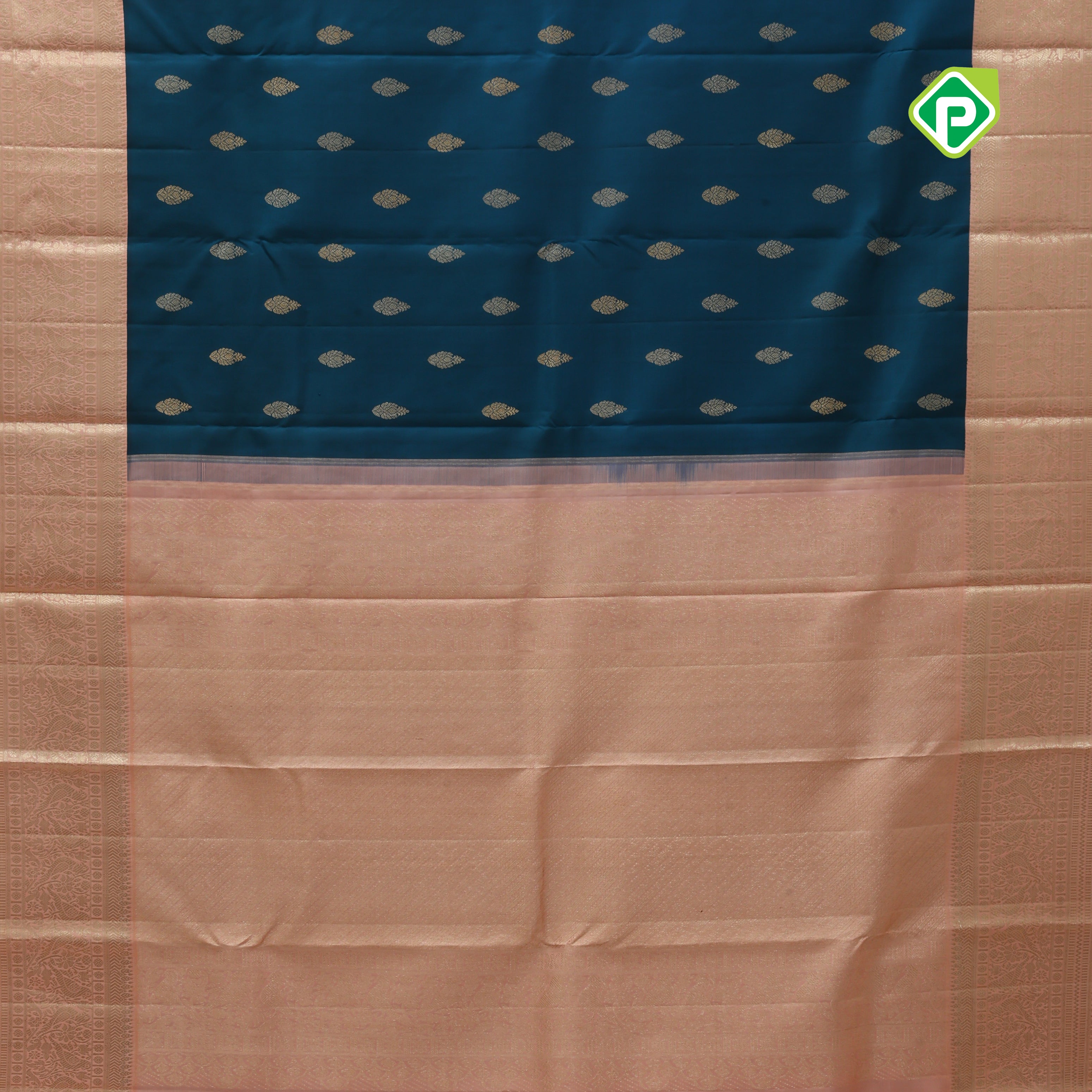 Yale blue gold zari thilagam buds butta contrast peach gold zari pigeon butta lines border vintage traditional silk saree