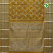 Lemon yellow silver zari checked window mid butta self zari peacock lines border traditional silk saree