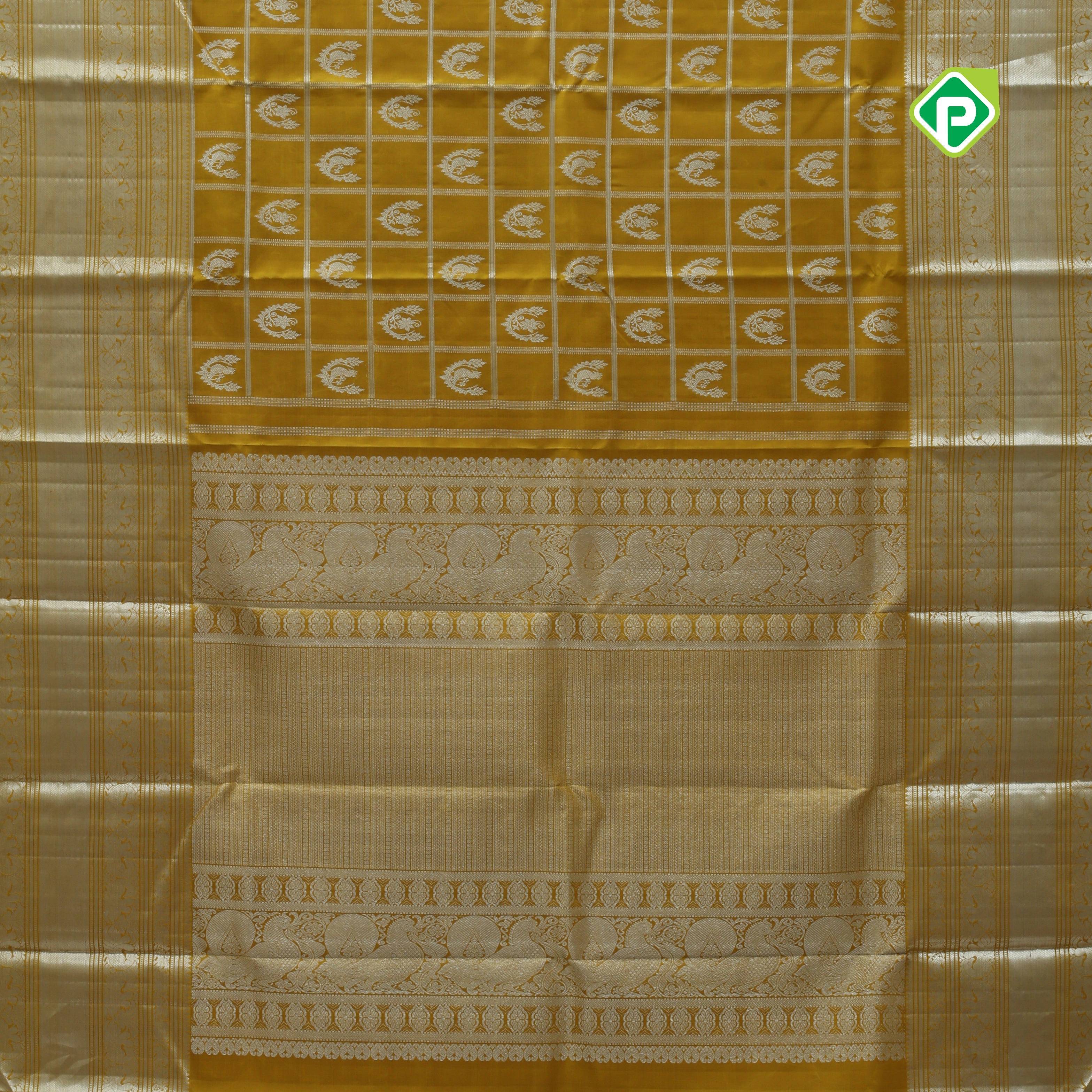 Lemon yellow silver zari checked window mid butta self zari peacock lines border traditional silk saree