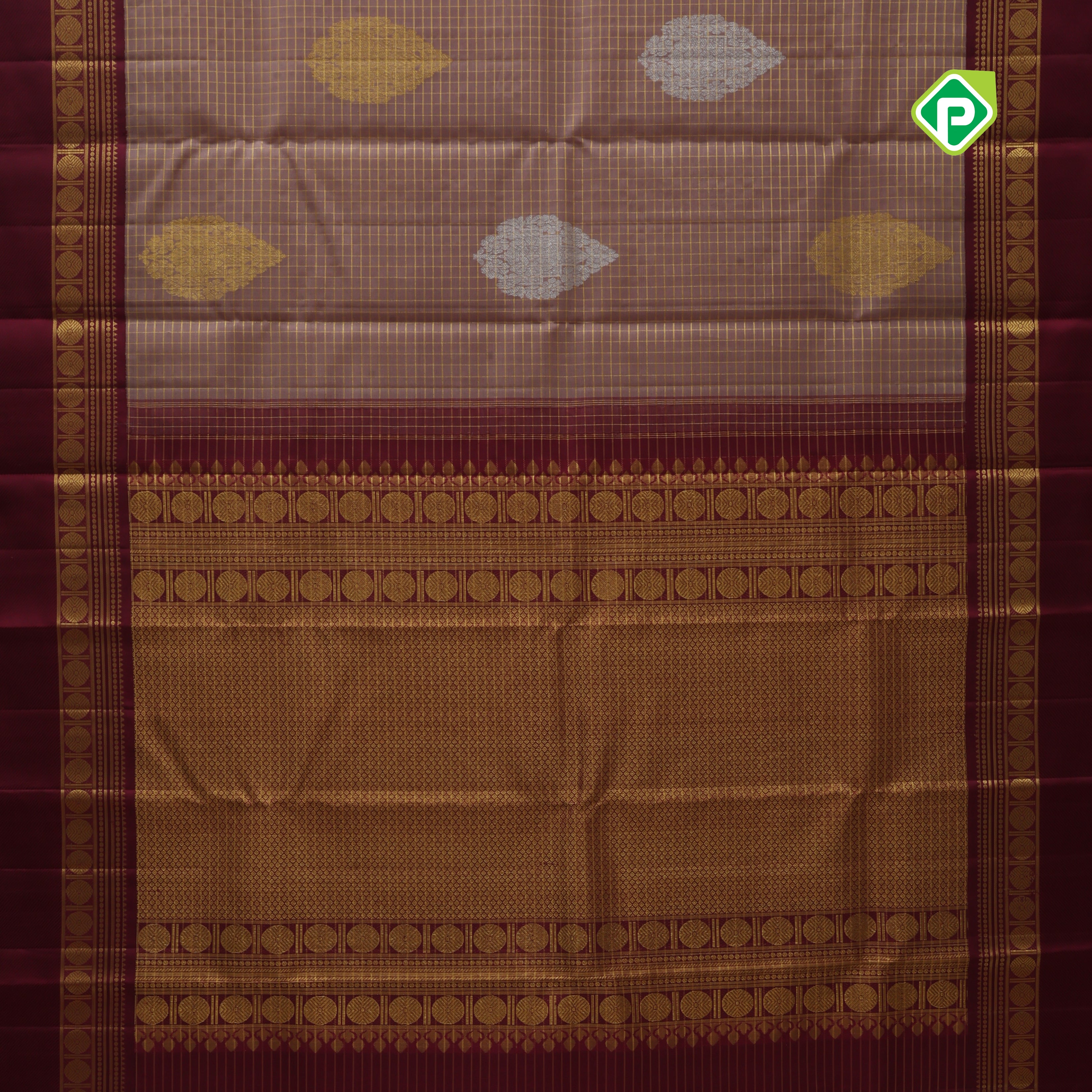 Dark onion gold zari checked mid big thilagam butta maroon gold zari rettapet border retro traditional silk saree
